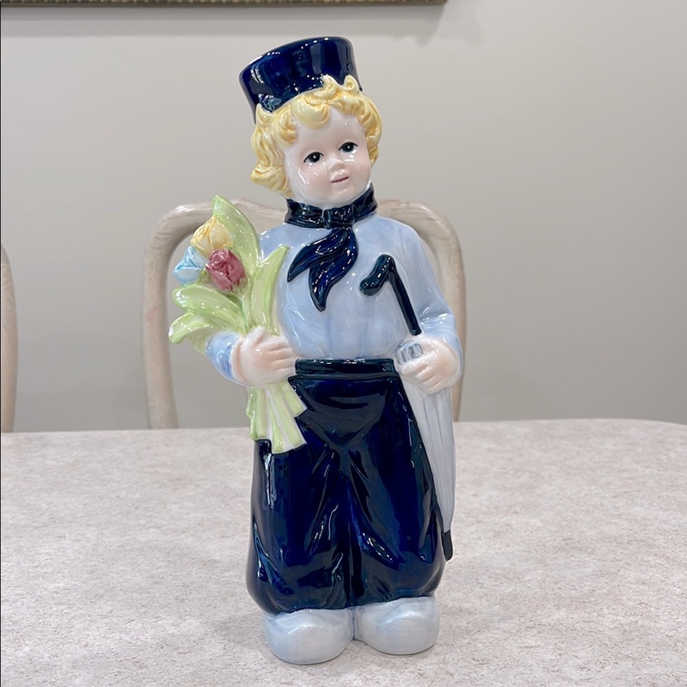 VINTAGE 80’s DELFT BLUE HANDPAINTED HOLLAND “Tall Dutch Boy with Flowers” STATUE